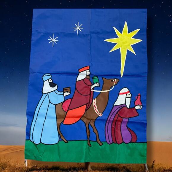 Vintage Stained Glass Nativity Garden Flag 3 Kings Wiseman Yard Decor Christmas - Picture 1 of 13